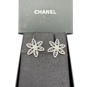 CHANEL Silver Floral Crystal Earrings with Blue Accents